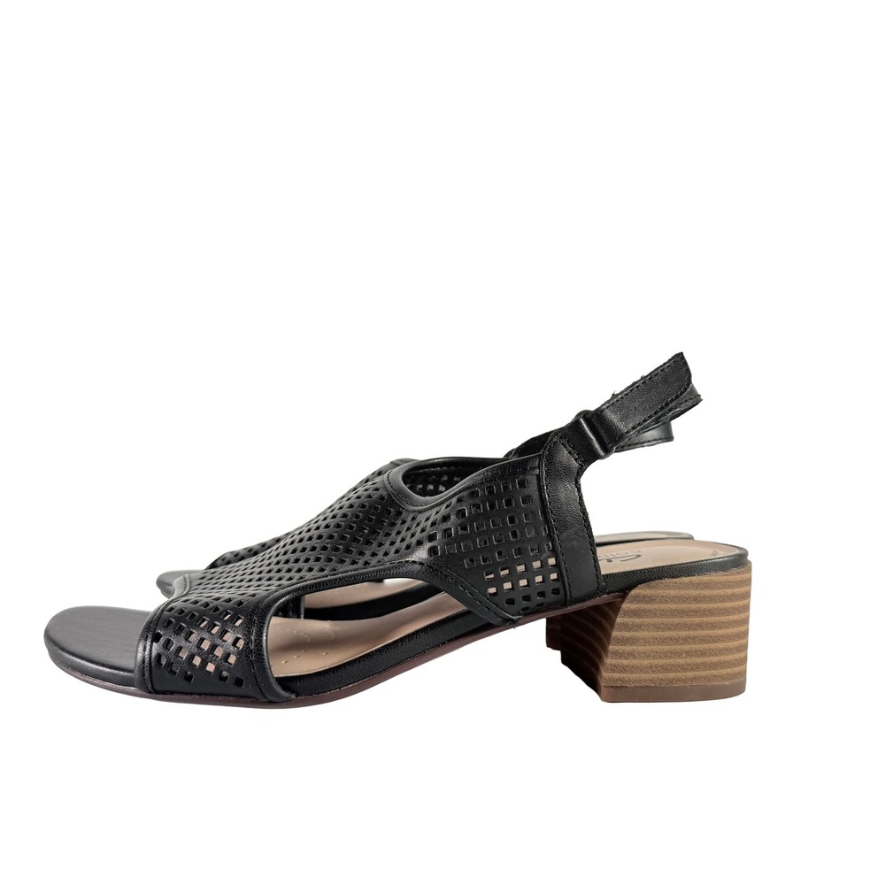 Clarks Caroleigh Star‎ Black Leather Perforated Heeled Sandals Womens 8 M